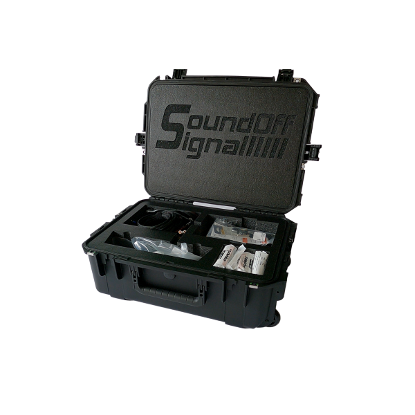 SoundOff Signal Rapid Deployment Vehicle Warning Kit, comes with a Case, (6) mpower Arrow Kit modules, with Red/Blue/White LEDs, Single & Dual Shroud Dual Lock Kits, 100J Speaker, Speaker Bracket Kit & Handheld Controller